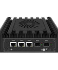 Back view of Intel Core I3 N300 Mini Pc Firewall Rig With Dual Ten Gigabyte Fiber Ports and Triple Two Point Five GbE Ethernet.