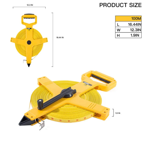 Open Reel Fiberglass Tape Measure With One Half Inch Blade, 330 Foot Length, ABS Shell, carry handle and scale, side view