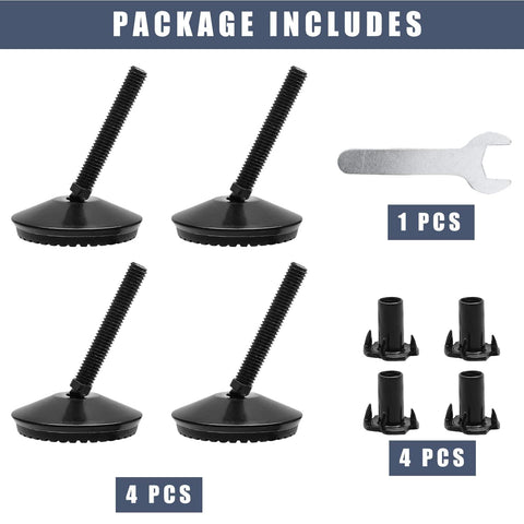 4 Piece M8 Adjustable Furniture Levelers With Swivel Feet For Tables Sofas Cabinets And Workbenches Heavy Duty Black Includes T Nuts And Wrench For Easy Leveling On Uneven Floors Built To Last And Keeps Your Furniture Stable