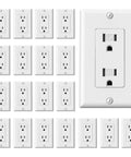 Premium Matte White Decorator Receptacle Outlets 15A 125V No Fuss Tamper Resistant Sockets With Matching Wall Plates Self Grounding UL Listed Heavy Duty Real Deal Protection Plus 20 Pack shown in arrangement.