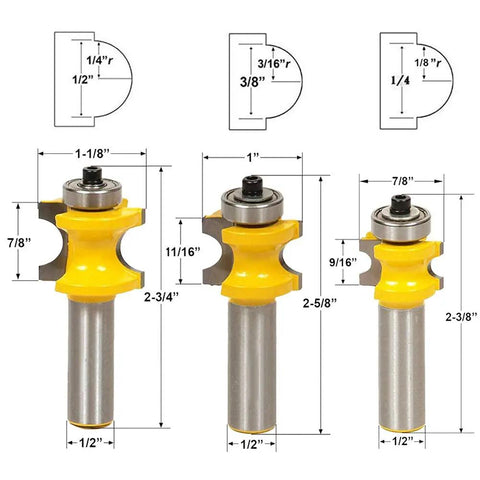Three router bits from Five Pack One Half Inch Shank Bullnose Router Bit Set With Carbide Tipped Half Round Edge Bits For Bead And Radius Work
