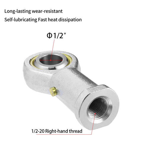 Two Piece Heavy Duty Rod End Bearing Set With 1/2 Inch Bore and right-hand thread, showcasing smooth rotation and durable design.