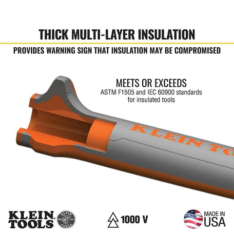 Insulated Kurve Wire Stripper Cutter 11055RINS 1000V Rated Tool close-up on thick multi-layer insulation, Made in USA