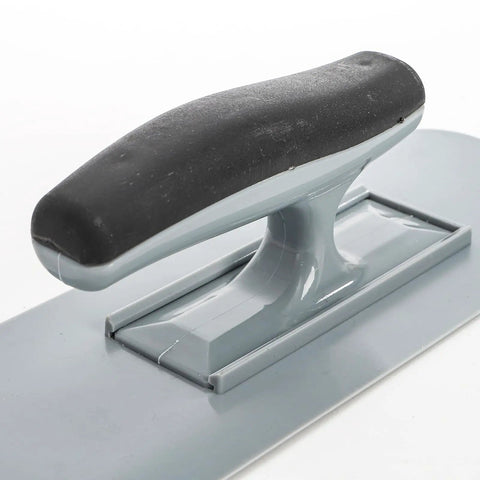 Close-up of a plastic trowel with a black handy grip handle, part of a 4 pack plastic trowels with handy grip handles for quick smoothing.