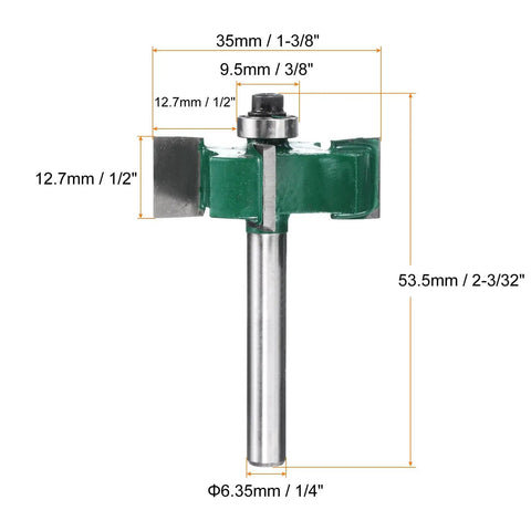 Pro Grade Heavy Duty 4 Wing T Slot Cutter Rabbet Router Bit With Bearing, 1/4 Inch Shank, side view with dimensions