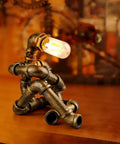 Steampunk Robot Table Lamp With Vintage Industrial Water Pipe Design for Bedside Nightstand, rustic bronze robot silhouette