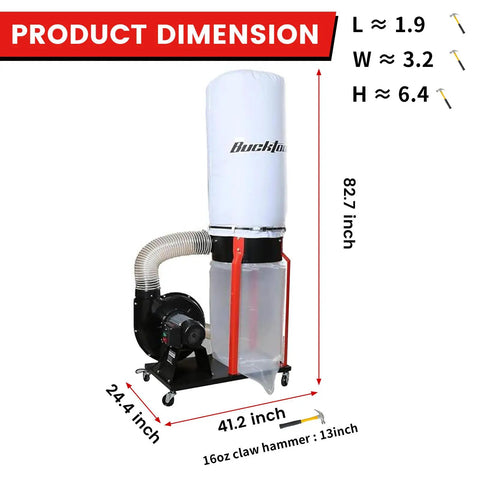 Heavy Duty Shop Dust Collector 1-1/2 Hp Dual Voltage Motor Powers 1100 Cfm Sawdust Hog Action dimensions with 41.2 inch width.