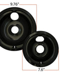 USA Made Porcelain Cooktop Drip Pan Replacement Set For GE 6 Inch And 8 Inch Pans includes two black drip pans with measurements