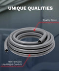 Tough As Nails One Half Inch 25 Foot Liquid Tight Electrical Conduit With Ul Certified Flexible Non Metallic Cable Armor And No Drama Connector Kit For Outdoor Weather Runs, close-up of quality nylon non-metallic conduit.
