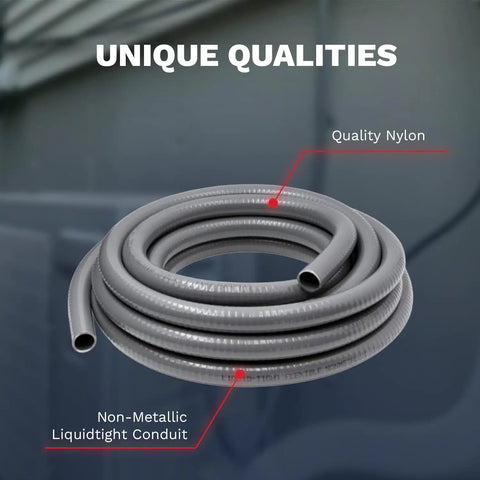 Tough As Nails One Half Inch 25 Foot Liquid Tight Electrical Conduit With Ul Certified Flexible Non Metallic Cable Armor And No Drama Connector Kit For Outdoor Weather Runs, close-up of quality nylon non-metallic conduit.