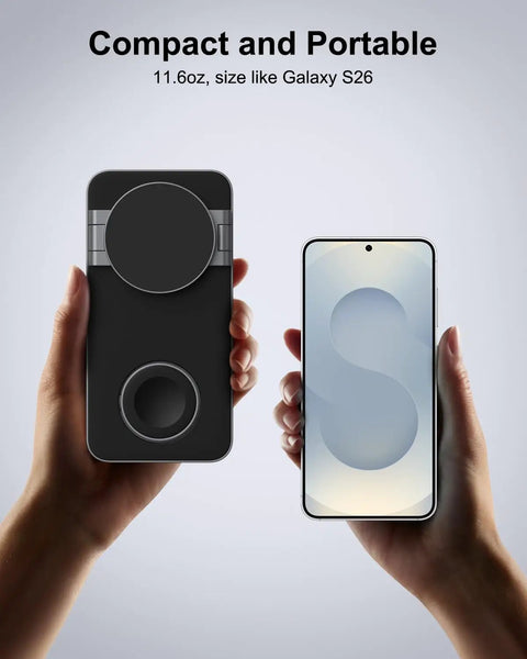 Person holding 3-In-1 Magnetic Wireless Charging Station For Galaxy Phones Watches And Buds, size comparison with S26