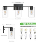 Diagram of Four Light Matte Black Bathroom Vanity Light With Glass Shades Over Mirror Wall Sconces and E26 base dimensions.