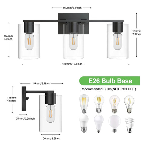 Diagram of Four Light Matte Black Bathroom Vanity Light With Glass Shades Over Mirror Wall Sconces and E26 base dimensions.