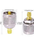 SMA Female to PL 259 Adapter Low Loss UHF Connector with pure copper and nickel-gold plating dimensions visible, 2 Pack.