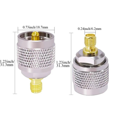 SMA Female to PL 259 Adapter Low Loss UHF Connector with pure copper and nickel-gold plating dimensions visible, 2 Pack.
