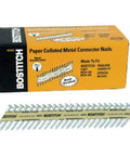 Box of Bostitch paper collated metal connector nails with visible nails arranged, suitable for exterior wood framing.