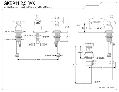 Technical drawing of Magellan Mini Widespread Lavatory Faucet With Retail Pop Up In Oil Rubbed Bronze Deck Mounted 4 To 8 Inch Spread