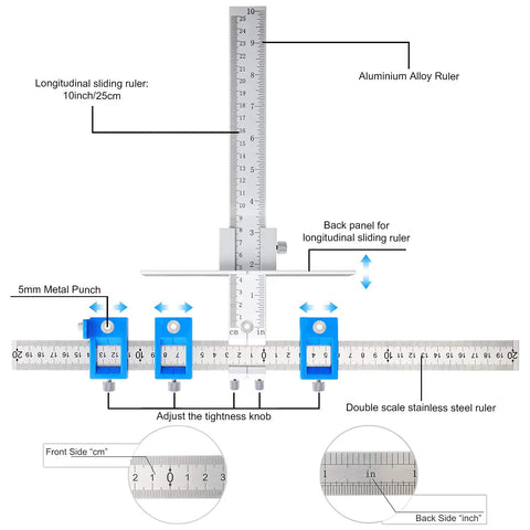 Precision Cabinet Hardware Installation Jig With Automatic Center Punch And Spot Drill Bits For Nail It Every Time Drawer Knob Mounting showing aluminum alloy sliding ruler.
