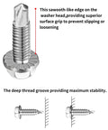 Number 14 Three Quarter Inch Serrated Hex Washer Head Self Drilling Tek Screws Zinc Plated Metal Fasteners showing serrated washer head.