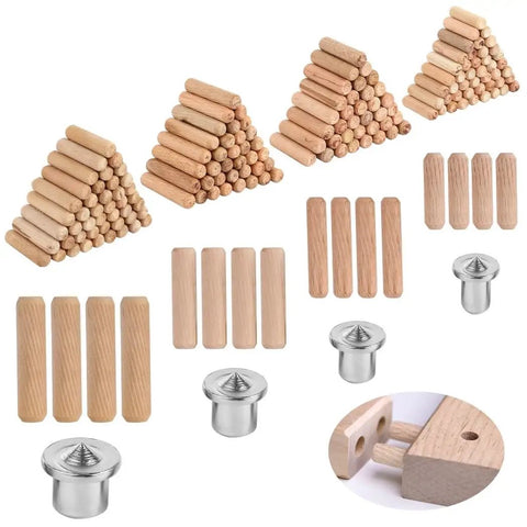 Complete 404 Piece Wood Dowel Set with fluted dowel pins, four sizes, and metal dowel centers for woodworking and crafting projects.