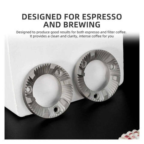 Close-up of 40mm grinder burrs set and metal cutter disc for bean processing, dual component replacement kit for coffee grinders.