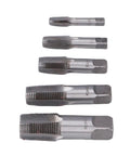 5 Piece NPT Pipe Tap Set In Carbon Steel With Accuracy Ground Threads And Square Shank For Plumbing And Automotive Threading Includes 3/4 1/2 3/8 1/4 And 1/8 Inch Beefy Heavy Duty Tool For Quick Repairs And Long Life. Carbon steel NPT pipe taps laid out by size