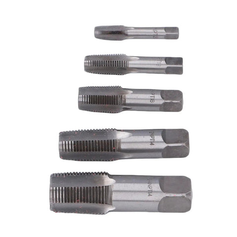 5 Piece NPT Pipe Tap Set In Carbon Steel With Accuracy Ground Threads And Square Shank For Plumbing And Automotive Threading Includes 3/4 1/2 3/8 1/4 And 1/8 Inch Beefy Heavy Duty Tool For Quick Repairs And Long Life. Carbon steel NPT pipe taps laid out by size