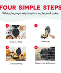 Four simple steps for using the Treat Maker System For Mini Donuts, Cupcakes, And Heart Shaped Waffles - Interchangeable Plates With Nonstick Coating