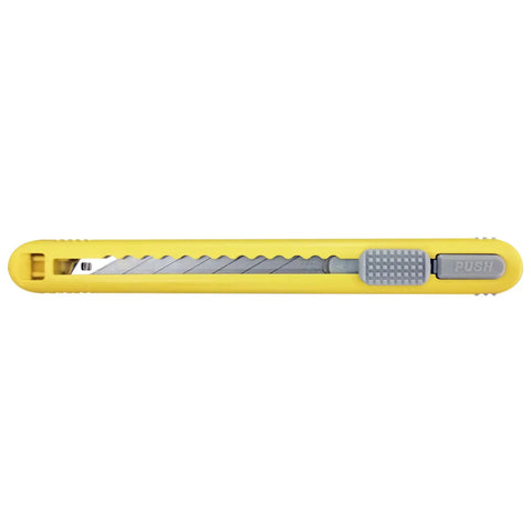 ABS Grip 30-Degree Multi-Blade Cartridge Knife with five blade cartridges, 9mm snap-off utility knife in bright yellow with built-in blade snapper