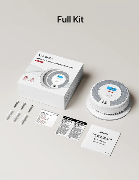 Smart Smoke Detector And Carbon Monoxide Alarm Combo XP0H-SN 1 Pack Battery Powered No-Fuss Plug-And-Play Setup Dual Sensor Protection Loud Alerts Easy Install For Home Safety, full kit with manual, screws, and alarm unit
