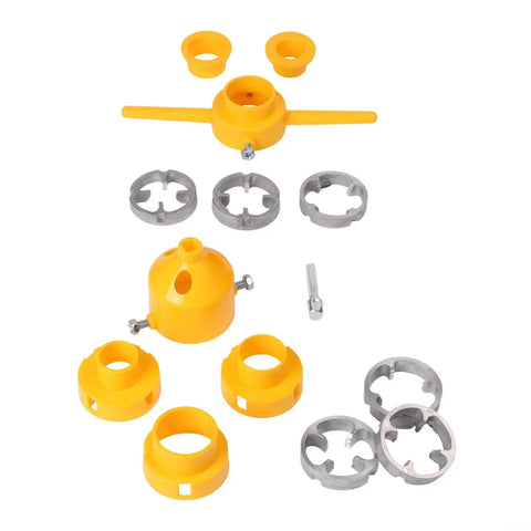 Pro Electric Manual Pvc Pipe Threader Kit With 20Mm And 25Mm And 32Mm Dies parts including yellow plastic and metal inserts.