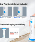 DUORAN cordless handheld vacuum pump for vacuum storage bags, white with blue button and charging indicator.