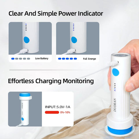 DUORAN cordless handheld vacuum pump for vacuum storage bags, white with blue button and charging indicator.