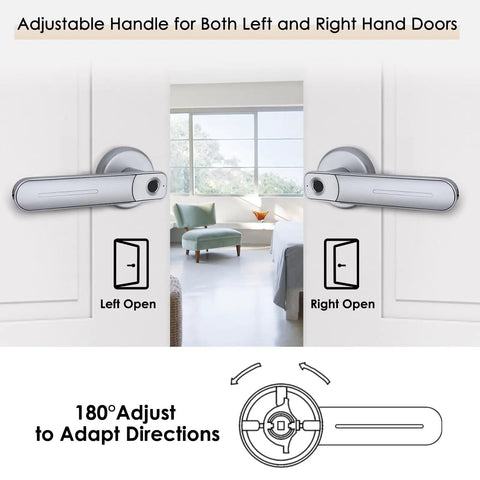 Biometric Fingerprint Door Lock With Quick 0.3 Second Unlock Silver Finish Dual Unlock Methods With Fingerprint And Backup Keys Easy One Touch Access 12 Month Warranty showing adjustable handle for left and right hand doors.