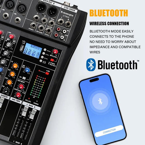 Bluetooth feature of Eight Channel Professional Audio Mixer With 48V Phantom Power And USB Audio Interface for live shows and more