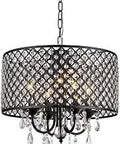 Black Finished Four Light Crystal Round Chandelier 17 Inch Modern Ceiling Fixture with crystal drops and iron accents