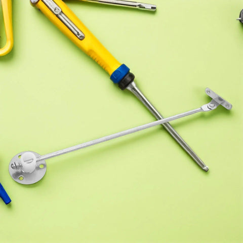 Beefy Heavy Duty Cabinet Door Support Rods Set for Kitchen Cabinets with tools on green background.