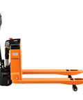 Heavy Duty Four Thousand Lb Self Propelled Electric Pallet Jack With 27 By 45 Inch Stainless Forks and Polyurethane Wheels side view.