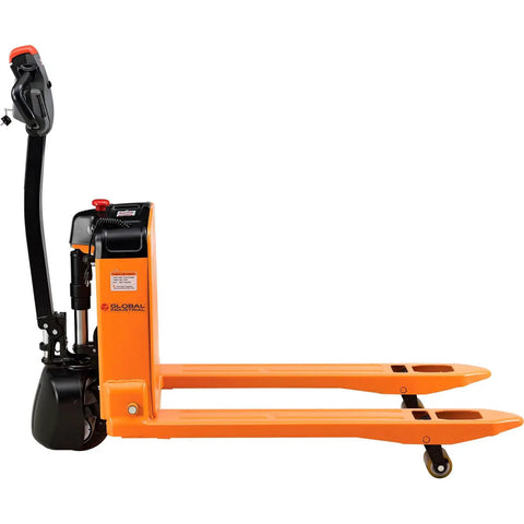 Heavy Duty Four Thousand Lb Self Propelled Electric Pallet Jack With 27 By 45 Inch Stainless Forks and Polyurethane Wheels side view.