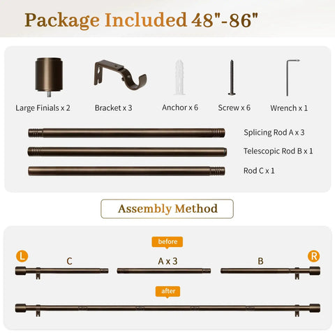 Components of Beefy Bronze Curtain Rod 1 Inch Adjustable Drapery Rod From 32 To 86 Inches, including finials, brackets, and screws.