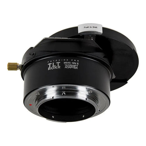TLT ROKR Tilt Shift Lens Mount Adapter For Mamiya 645 MF Lenses To Sony E Mount Cameras With Infinity Focus, Up To 20mm Shift, 10 Degree Tilt, 360 Degree Rotation, Built For Sony Mirrorless on black metal adapter