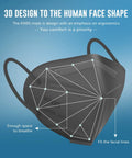 3D design of black KN95 face mask showing ergonomic shape and comfort, part of 100 pack black 5 layer breathable protection for adults.