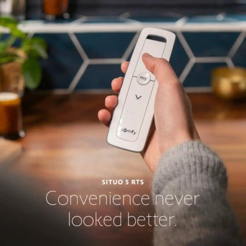 Person holding 5 Channel RTS Remote Control For Blinds And Shades, Wireless Home Automation Kit With SituoStyle Ergonomic Handheld Design.