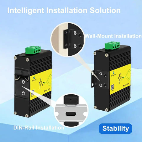Rugged Industrial Five Port Gigabit Switch With DC 12 To 48V Input Din Rail And Wall Mount IP40 Protection shown in installation options.