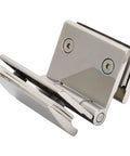 Rock Solid Double Sided Hinge For Frameless Glass Shower Door Stainless Steel Flat Polished Finish showing secured hinge detail.