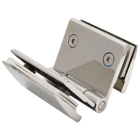 Rock Solid Double Sided Hinge For Frameless Glass Shower Door Stainless Steel Flat Polished Finish showing secured hinge detail.