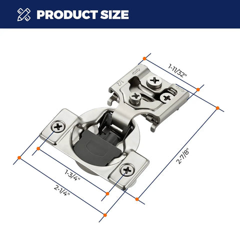 Satin Nickel Soft Close Cabinet Hinges Half Inch Overlay 60 Pack with dimensions for precise installation.
