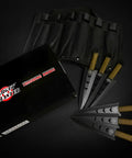 Six Piece Tactical Combat Kunai Throwing Knife Set With Sheath Case, visible with box and nylon sheath.