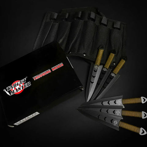 Six Piece Tactical Combat Kunai Throwing Knife Set With Sheath Case, visible with box and nylon sheath.