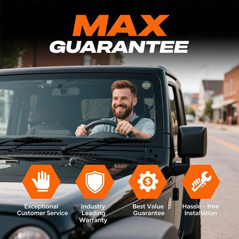 Happy man driving a car with text overlay 'Max Guarantee' and four icons representing customer service, warranty, value, and installation.
